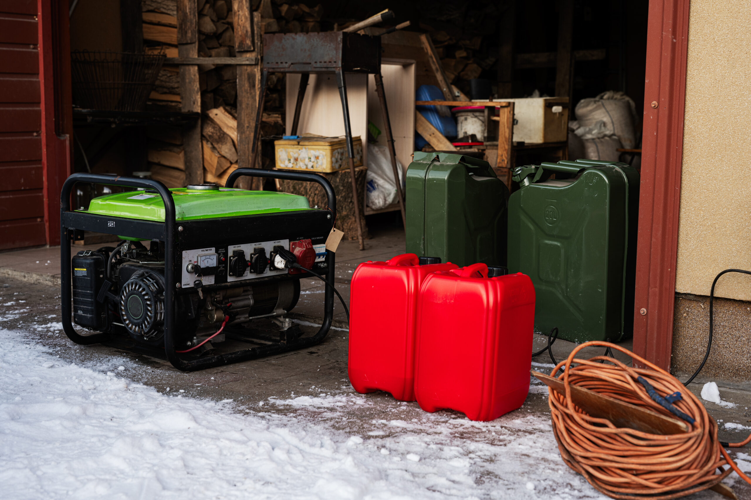 Portable generator in a garage with snow outside the door. Two filled gas tanks are also on hand prepped and ready if needed.