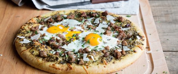 Egg, Sausage and Pesto Pizza